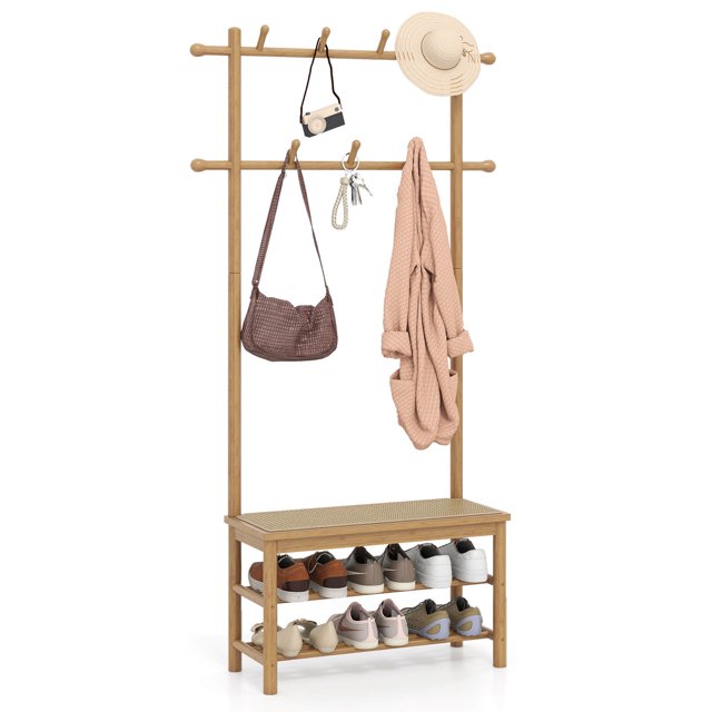 Costway Bamboo Coat Rack with Bench Shoe Storage 2 Hanging Rods 11 Hanging Hooks Shelves Beige