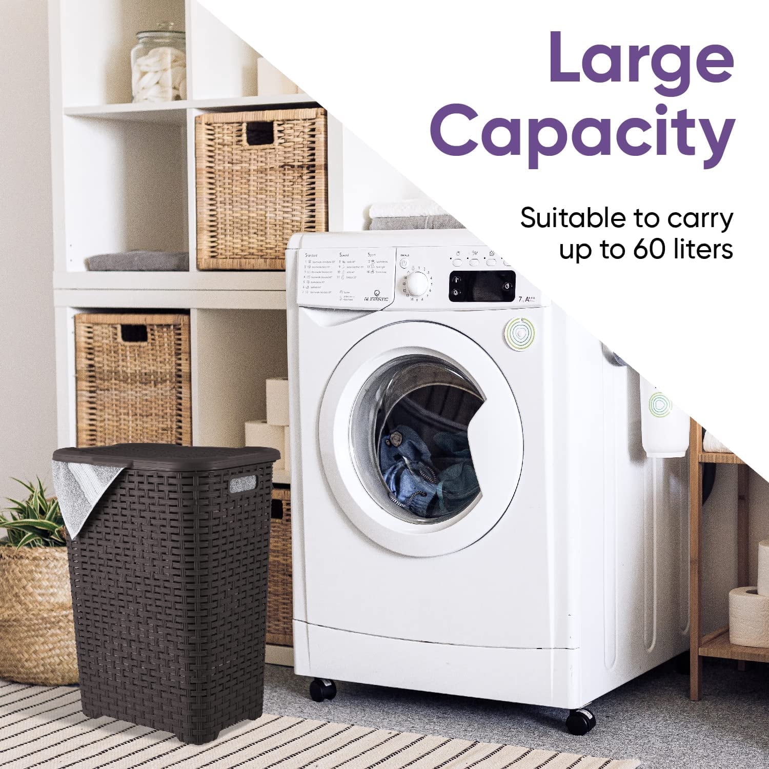 Superio 60L Large Wicker Plastic Laundry Hamper with Lid Root Beer Brown 3 Pack