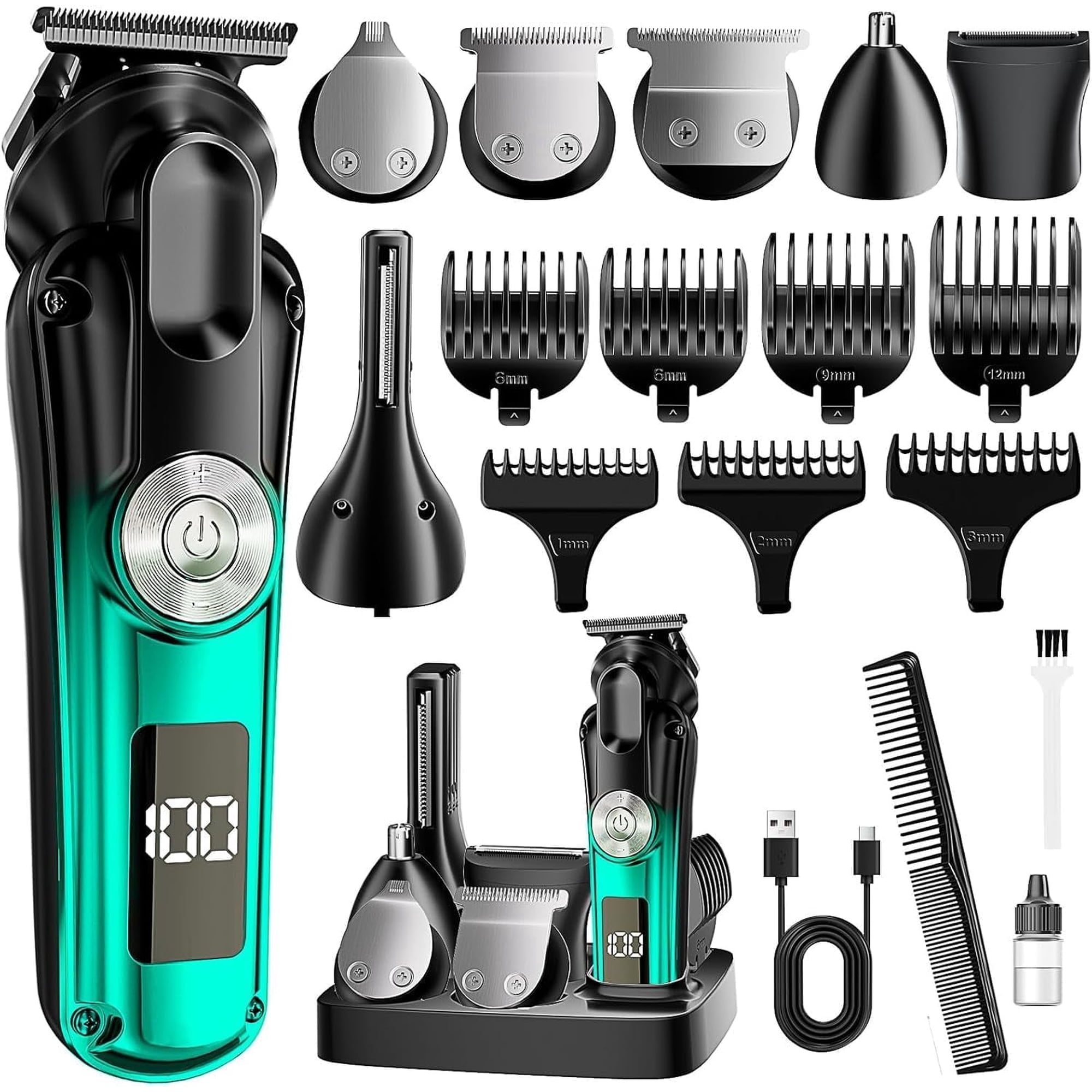 6 in 1 Men Cordless Hair Clipper Grooming Kit LED Display Trimmer with Charging Base
