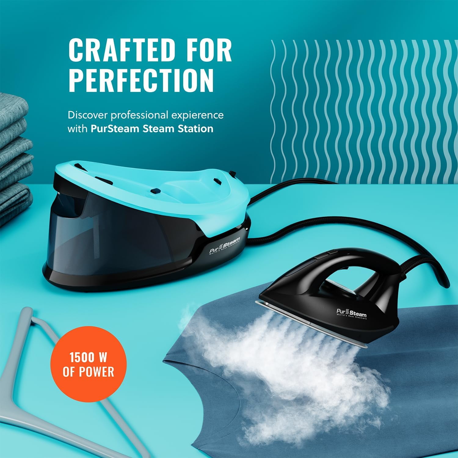 PurSteam Steam Iron Station Max for Clothes, Powerful 1700W, Ceramic Soleplate, 50.7 oz Removable Water Tank, Auto Shut-off, Anti-Drip, Black