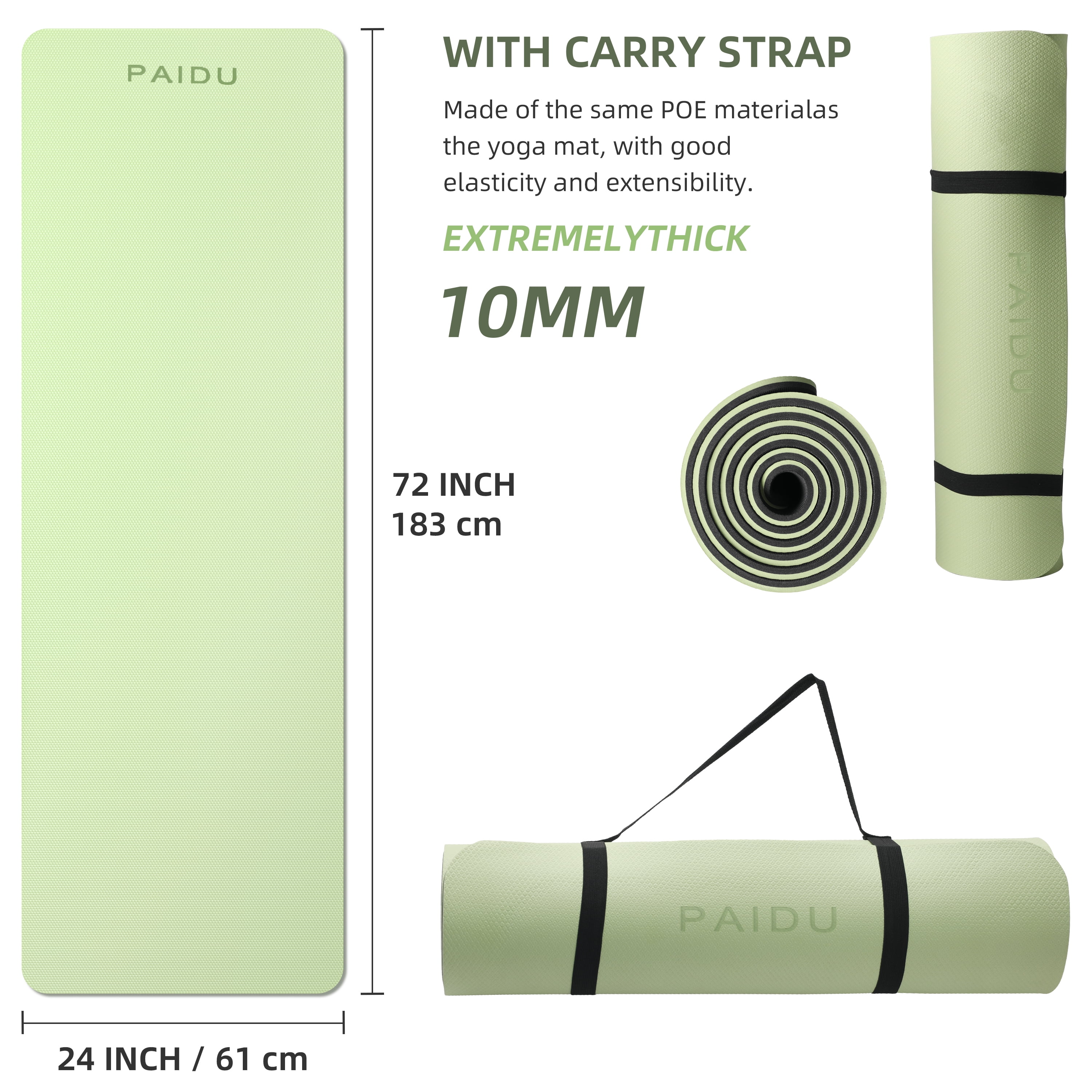 SAHAI 0.4inch Non-Slip Thick Yoga Mat with Strap –Travel & Home Gym Exercise Mat | 72x24 inch(Green+Black)