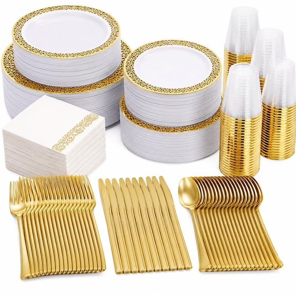 350Pcs Gold Dinnerware Sets for Party: Paper Plates, Napkins, Cups Plastic Cutlery in Metallic Gold Finish