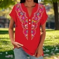 thumbnail image 4 of Ayolanni V-Neck Basic Tees for Women Casual Short Sleeve Office Printed Blouse Rolled Tunic Button Down Fitted Shirts Womens Summer Tops Red L, 4 of 5