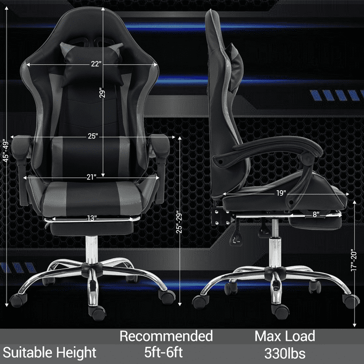 WENTUM Gaming Chair with Massage Lumbar Support Ergonomic Video Game Chair for Adults, Adjustable Headrest & Footrest, 90-135° Recline, 360° Swivel, Grey