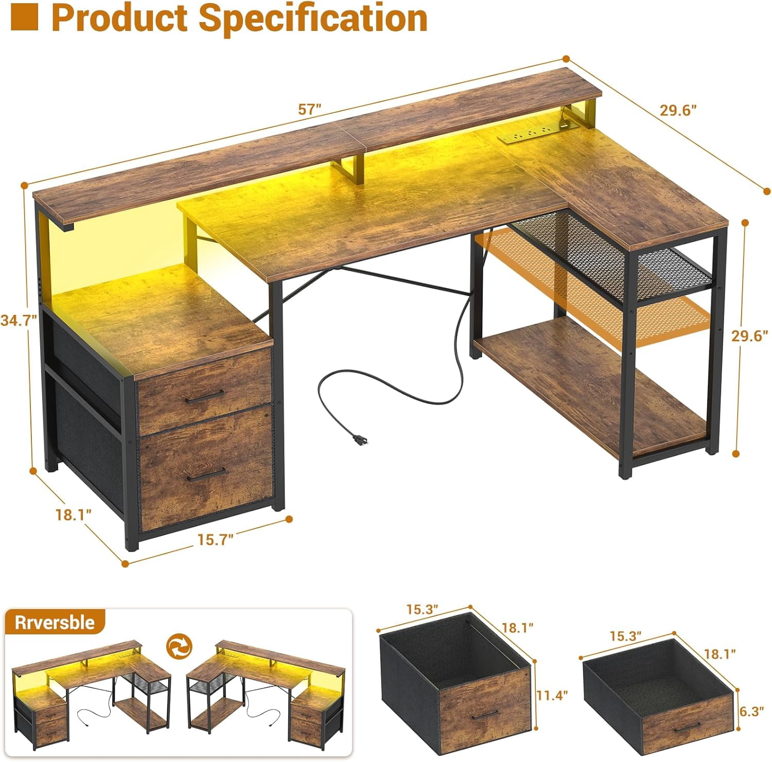 Homieasy L Shaped Desk with Drawer, Reversible L Shaped Gaming Desk with Power Outlet & LED Strip, Home Office Desk with Monitor Shelf, Corner Desk with Storage Shelves,Rustic Brown