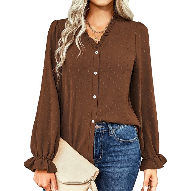 Cárdigan, Camisa de mujer de manga larga con cuello en V volantes botones elegante blusa informal Tomshoo Camello/Extragrande