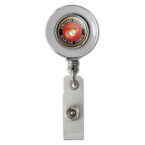 Marines USMC Emblem Black Yellow Red Officially Licensed Retractable Reel Chrome Badge ID Card Holder Clip