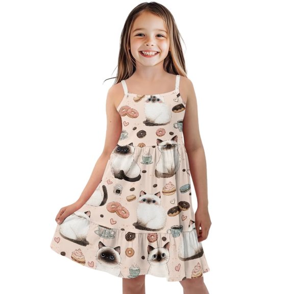 Uourmeti Girls Cute Cat Summer Dress Causal Spaghetti Strap Cami Dress Boho A Line Swing Tiered Dresses Play Party School Beach Sundress,7-8t