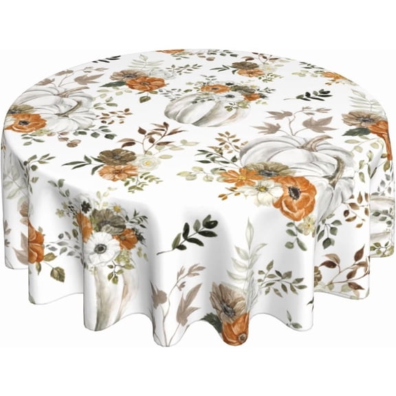 Fall Tablecloth Round 70 Inch Watercolor Grey Pumpkins Floal Leaves Table Cloth,Stain Resistance Polyester Autumn Thanksgiving Table Covers for Kitchen Dining,Small Tablecloth for Party Picnic