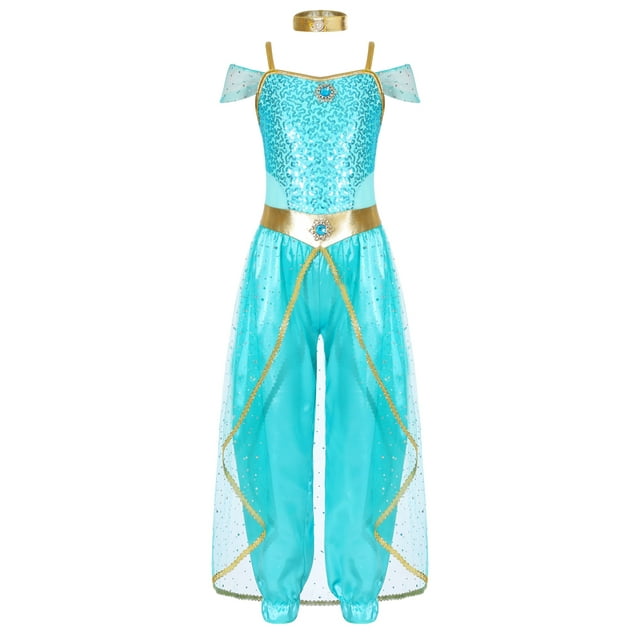 Hansber Enfants Filles Costumes de Princesse Arabe Déguisement Tenue de Fête Jasmine Combinaisons de Cosplay Bleu Clair 12