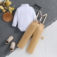 thumbnail image 5 of Gubotare Baby Boy Gentleman Wedding Outfit Dress Romper Suspender Pants Boy Button Bowtie Romper+Suspender Pant Formal Outfit(Khaki, 0-6 Months), 5 of 9