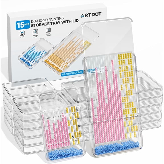 ARTDOT 15-Piece 2-in-1 Stackable Diamond Painting Storage Trays with Lids, Plastic Craft Organizer Box for Beads and Tools