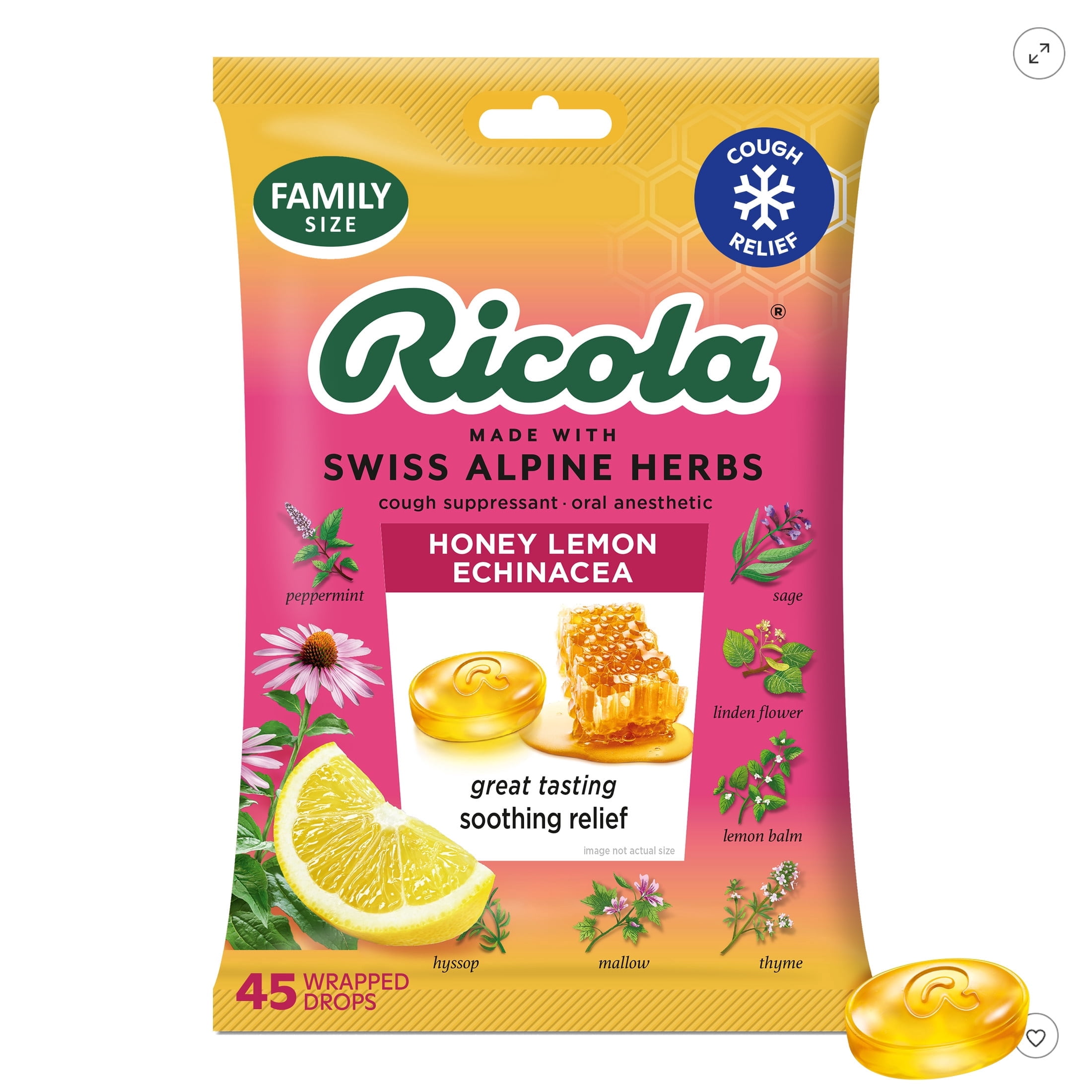 Ricola Honey Lemon with Echinacea Cough Drops - Throat Relief & Cough Suppressant, 45 Count