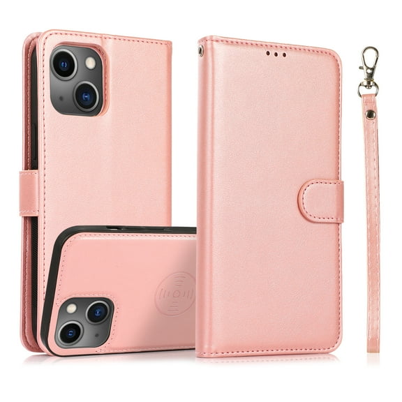 Nalacover Detachable Wallet Case for iPhone 15, PU Leather Wrist Hand Strap 2 in 1 Design Flip Folio Cover with Card Slots Holder Magnetic Car Mount Kickstand Protective Case, Rosegold