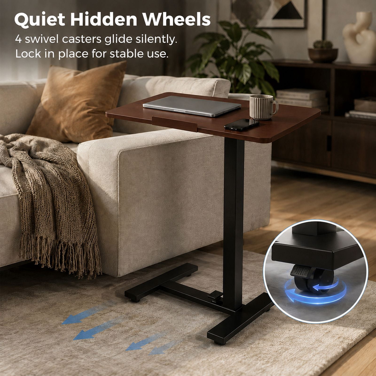 Alvantor Adjustable Bedside Table with Wheels, Overbed Table Portable Standing Cart & Laptop Desk with Adjustable Height and Inclination, Suitable for Bed, Couch, Wheelchair