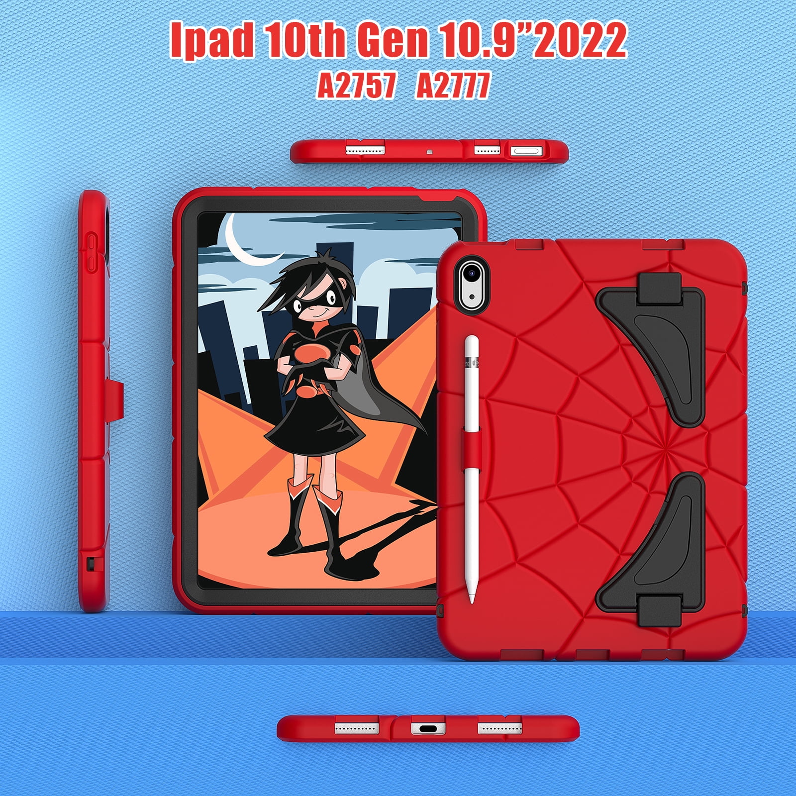 for 2022 10.9 inch iPad 10 th Generation Case with Pencil Holder & Stand, Handle Design Heavy Duty Shockproof Rugged 10.9" 10 Gen Cover for Kids Boy Children, Red+Black