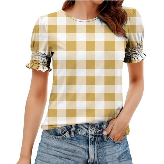 Enridrech Womens Plaid Shirt Comfort Casual Loose Crew Neck Tees Top Ruffle Short Sleeve Tee Shirts Tops for Women