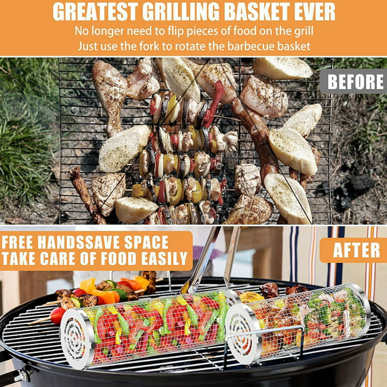 Grill Basket 2 PCS Rolling Grilling Baskets for Outdoor Grilling