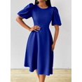 thumbnail image 6 of Royal Blue Womens Fit And Flare Dress With Round Neck And Puff Sleeves, 6 of 7