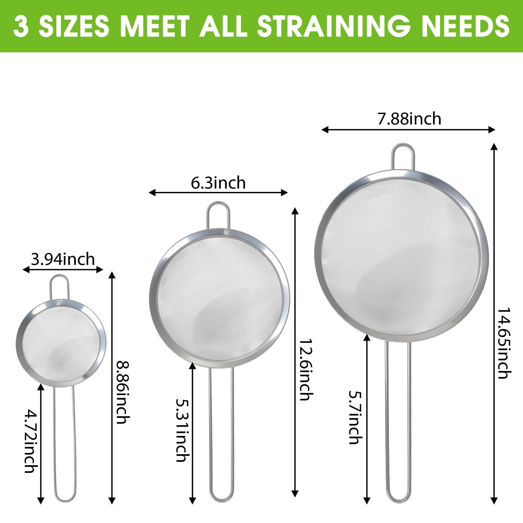 GARITIN 3-Piece Stainless Steel Fine Mesh Strainer Set, 4", 6", and 8", Kitchen Thin Mesh Strainer for Tea Flour Sugar Spices Rice, Small Nesting Strainer for Kitchen