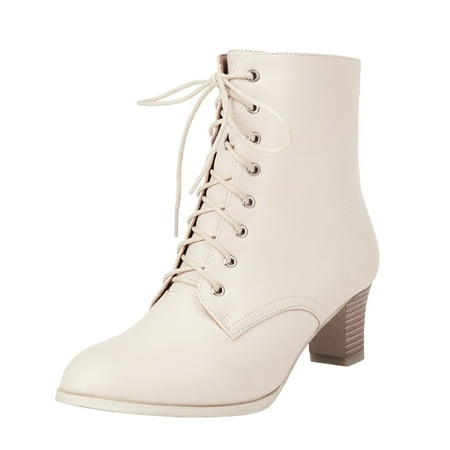OJSFQUFP Womens Shoes Winter Warm Boots New Lace Up Short Boots Thick Middle Heel Boots Short Ankle Boots Solid Color Women s Casual Shoes Botas Para Mujer White 42