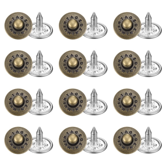 Uxcell 50 Sets Jean Rivets 9.5mm Metal Jeans Buttons Replacement Kit Universal No Sew Denim Fasteners Nipple Rivets Letter Style for Jeans Pants Jackets Bags Crafts, Age Copper