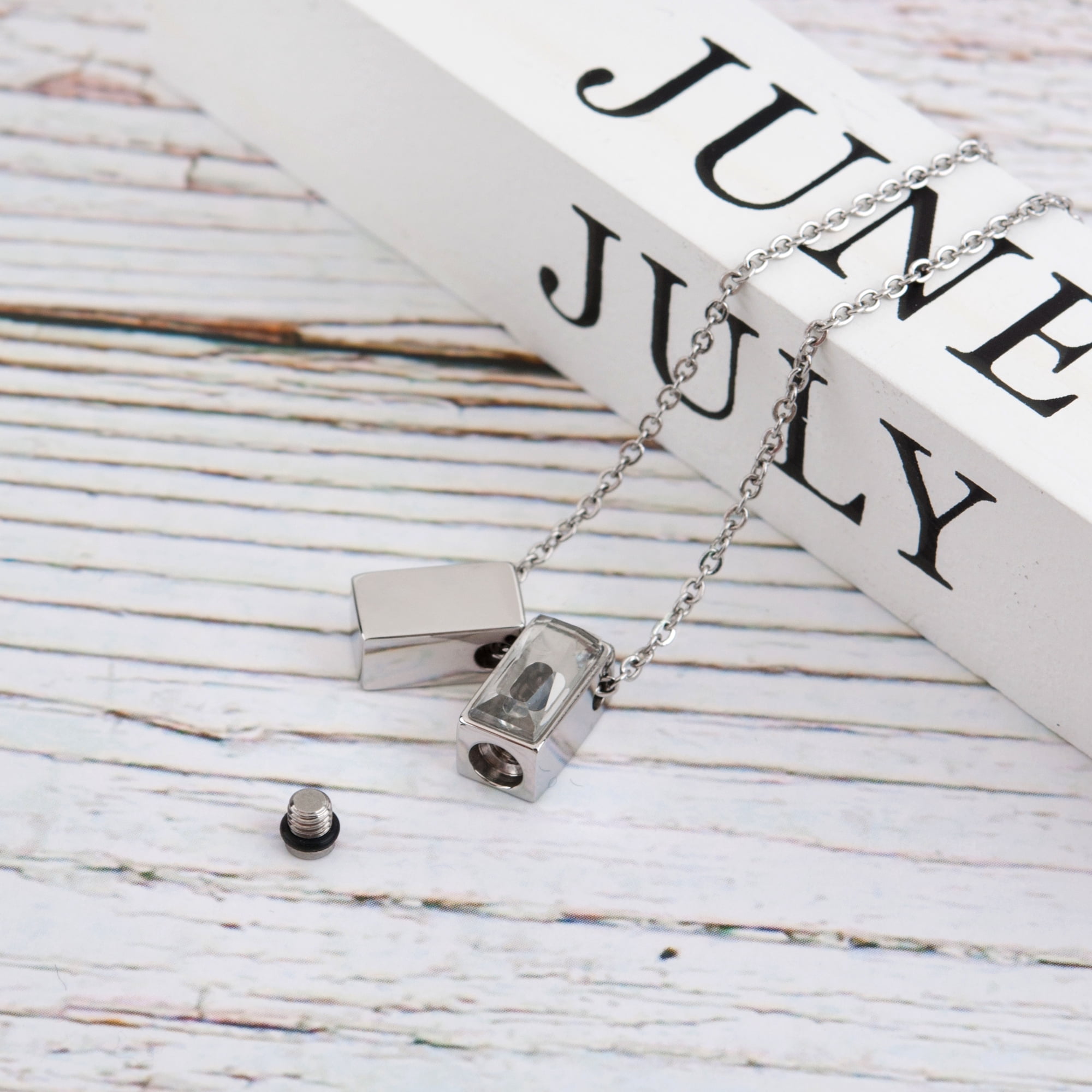 Anavia See You Cremation Necklace for Ashes, Mini See Through Urn Necklace, Mini Cube Cremation Pendant, Cremation Jewelry, Memorial Jewelry, Mini Urn-[Silver]