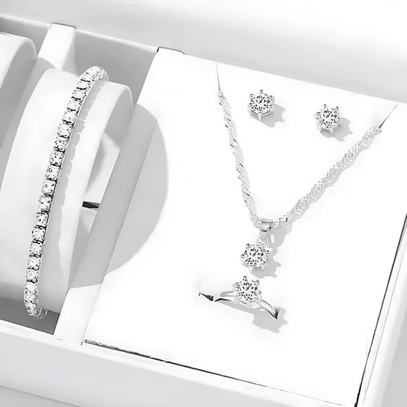 DESIGNICE 5 Piece Crystal Jewelry Set for Women, Elegant Necklace Earrings Ring Bracelet Fashion Accessories, Sparkling Bridal Wedding Party Gift