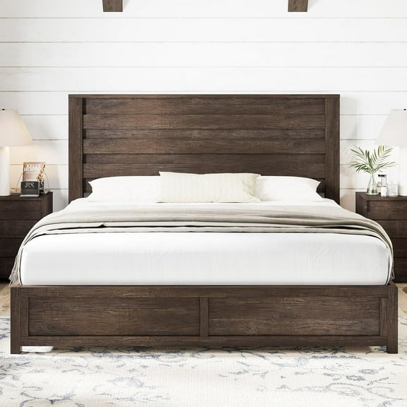 Merluxy Farmhouse Fullsize Bed Frame with 49" Scalloped Headboard, Platform Bed with Natural Woodgrain Finish, No Boxspring/No Noise, Grey