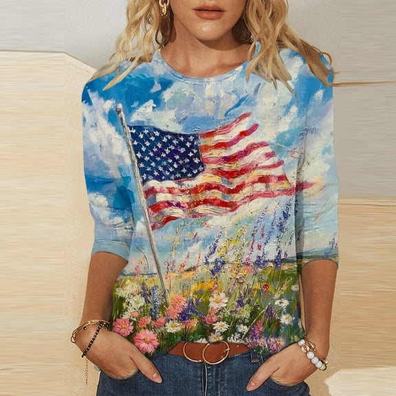 Yourumao Independence Day 3/4 Sleeve Tops for Women American Flag Crew Neck T Shirts Plus Size Loose Casual Graphic Tees for Celebration