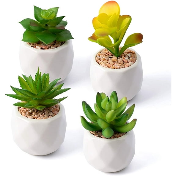 Mocoosy Fake Succulent Set, 4 Pack Mini Artificial Succulent Plants in Pots, Small Fake Plants with White Ceramic Planter Pots, Faux Succulents Plants Potted for Home Office Bedroom Decorations