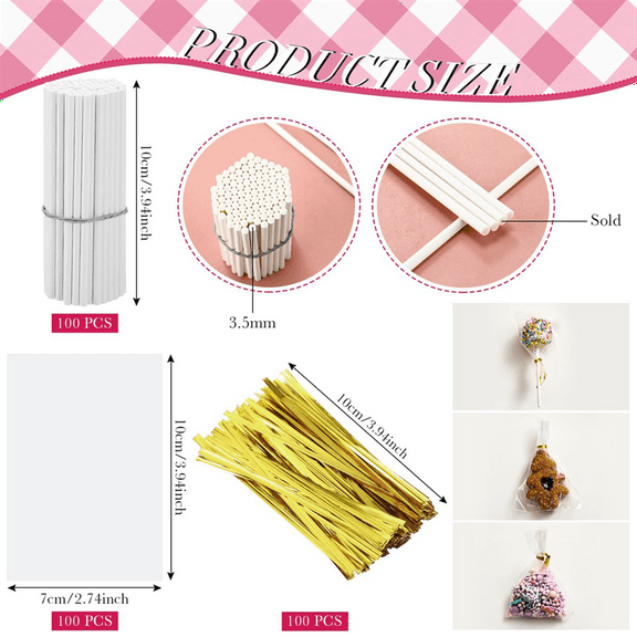 Lollipop Cake Stick Treat Bag Set Include 100 Bags 100 Treat Sticks Metallic Ties Meat Baller with Handles Cake