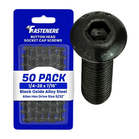 Fastenere Button Head Socket Cap Screws - 1/4-28 x 7/16" (50-Pcs) Alloy Steel, Fully Threaded, Fine Black Oxide Finish, Corrosion-Resistant, Machine Thread, Easy to Install w/ Allen Hex Drive