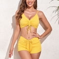 thumbnail image 2 of Traje de baño para mujer, traje de baño de 2 piezas con cuello en V acanalado, correa de espagueti, bikini con cordón frontal acolchado, traje de baño amarillo M, 2 of 6
