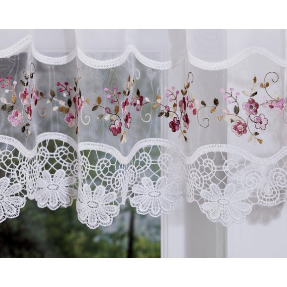 Cortina Valance Today's Vintage Macramé Organza 14, color blanco y rosa