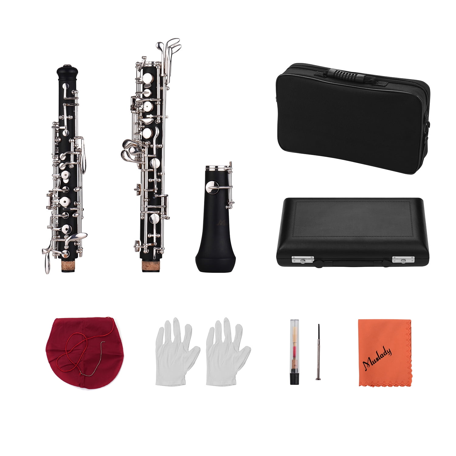 Muslady Professional Oboe C Key Semi-automatic Style Nickel-plated Keys Woodwind Instrument with Oboe Reed Gloves Leather Case Carry Bag Cleaning Cloth Mini Screwdriver
