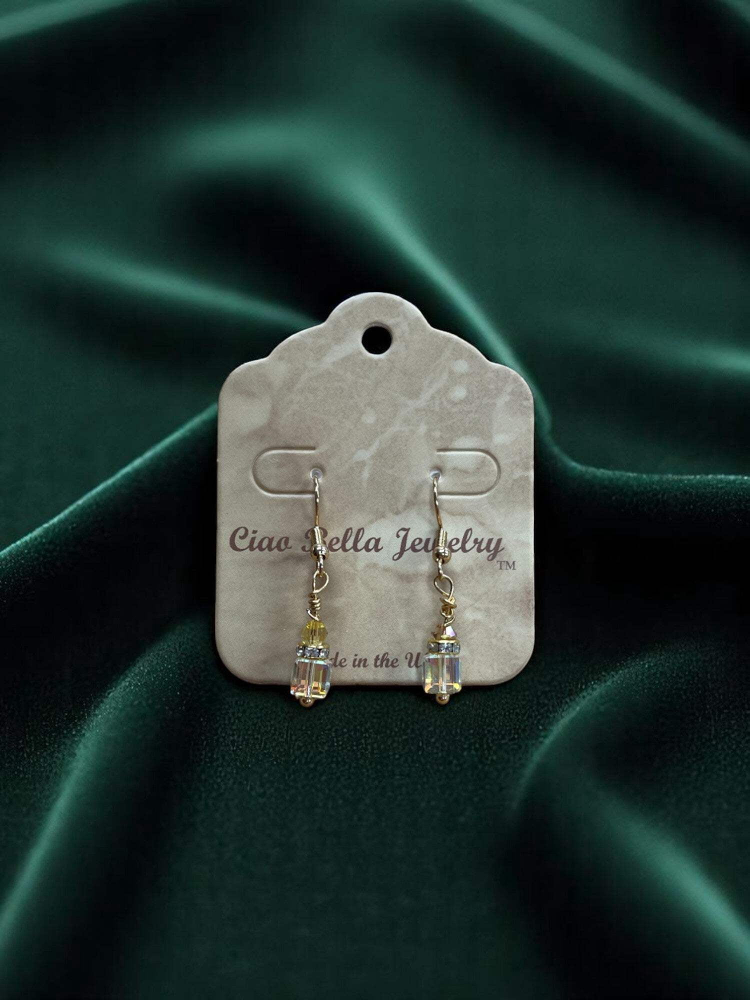 Crystal Cube Drop Earrings | Topaz, Light Yellow  Clear Accents