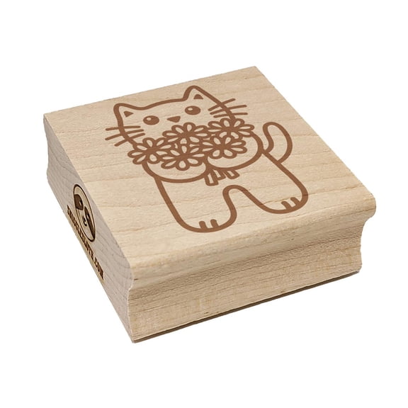 Cat Holding Flowers Square Rubber Stamp Stamping Scrapbooking Crafting - Medium 1.75in