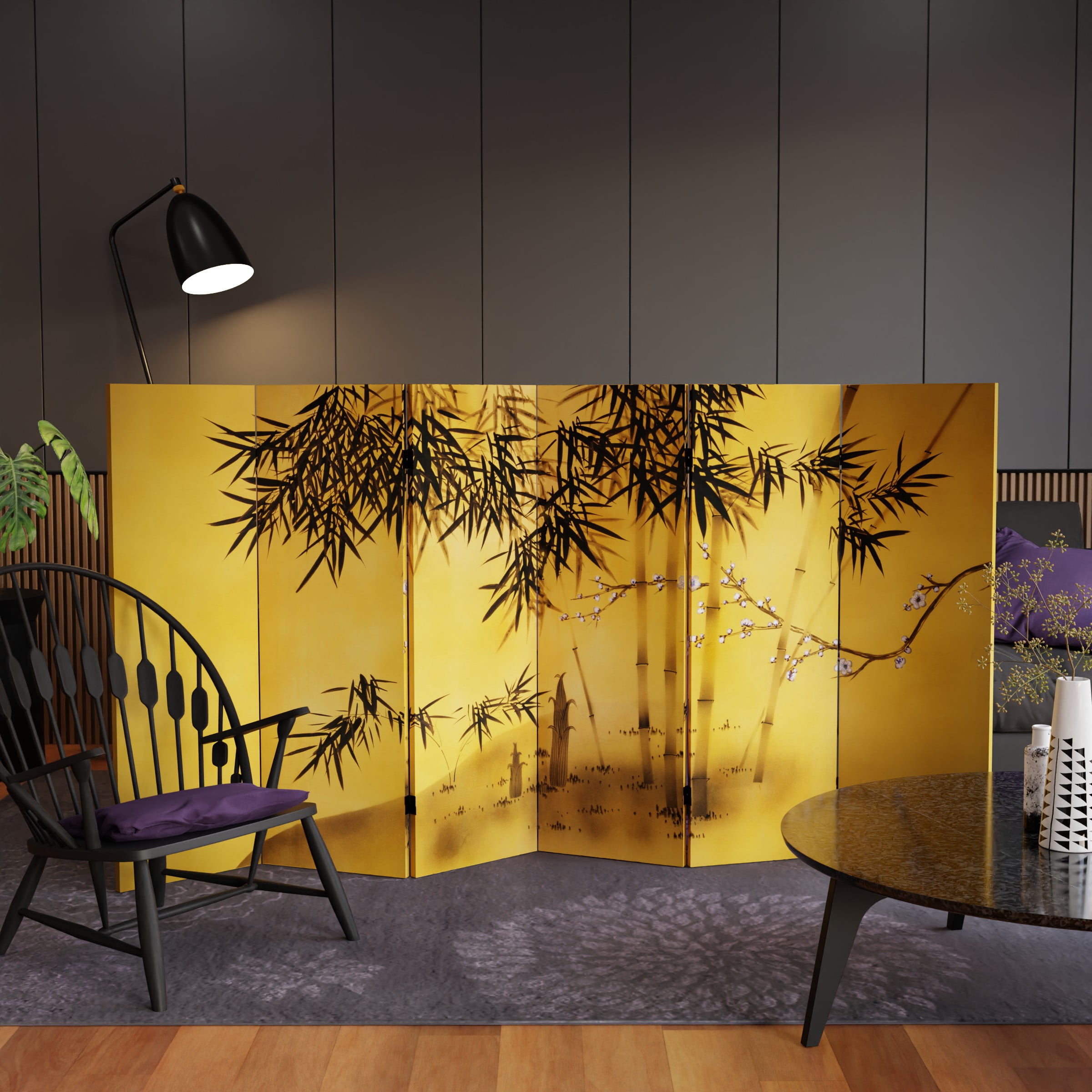 4 ft. Short Double Sided Bamboo Tree Canvas Folding Screen