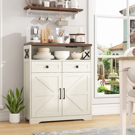 Farmhouse Storage Cabinet with Charge Station & Open Shelf,Coffee Bar Station Table with Adjustable Shelves and Barn Doors for Kitchen Dining Room,White