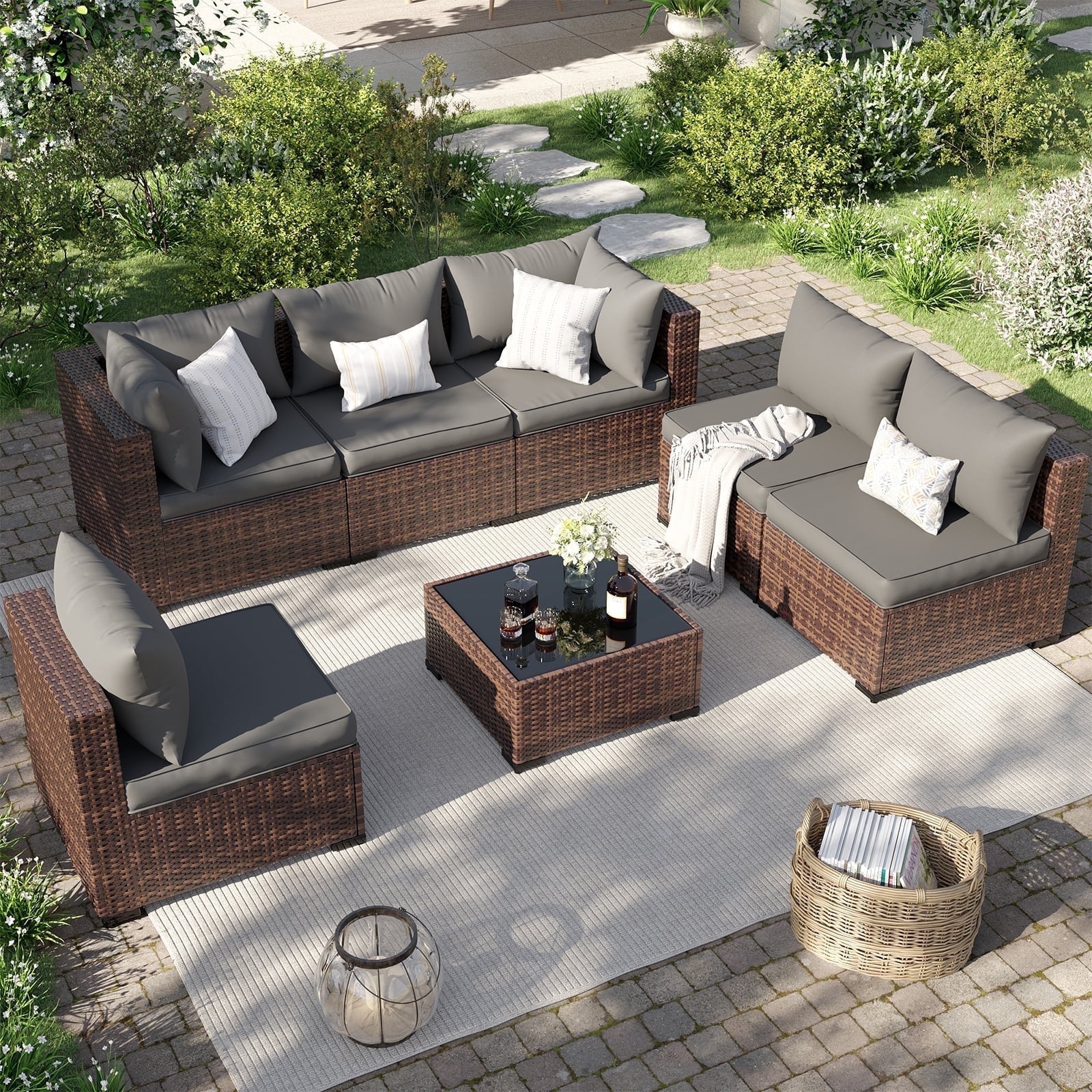 ELPOSUN 7 Pieces Patio Furniture Set All Weather Outdoor Sectional Sofa, Outdoor Modern Sectional Furniture Wicker Couch with Glass Coffee Table, Thicken Gray Cushions, Water Resistant