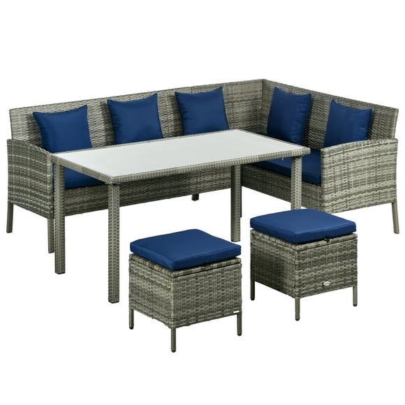 Outsunny 5 Pieces Wicker Patio Furniture Set with Cushions, Navy Blue