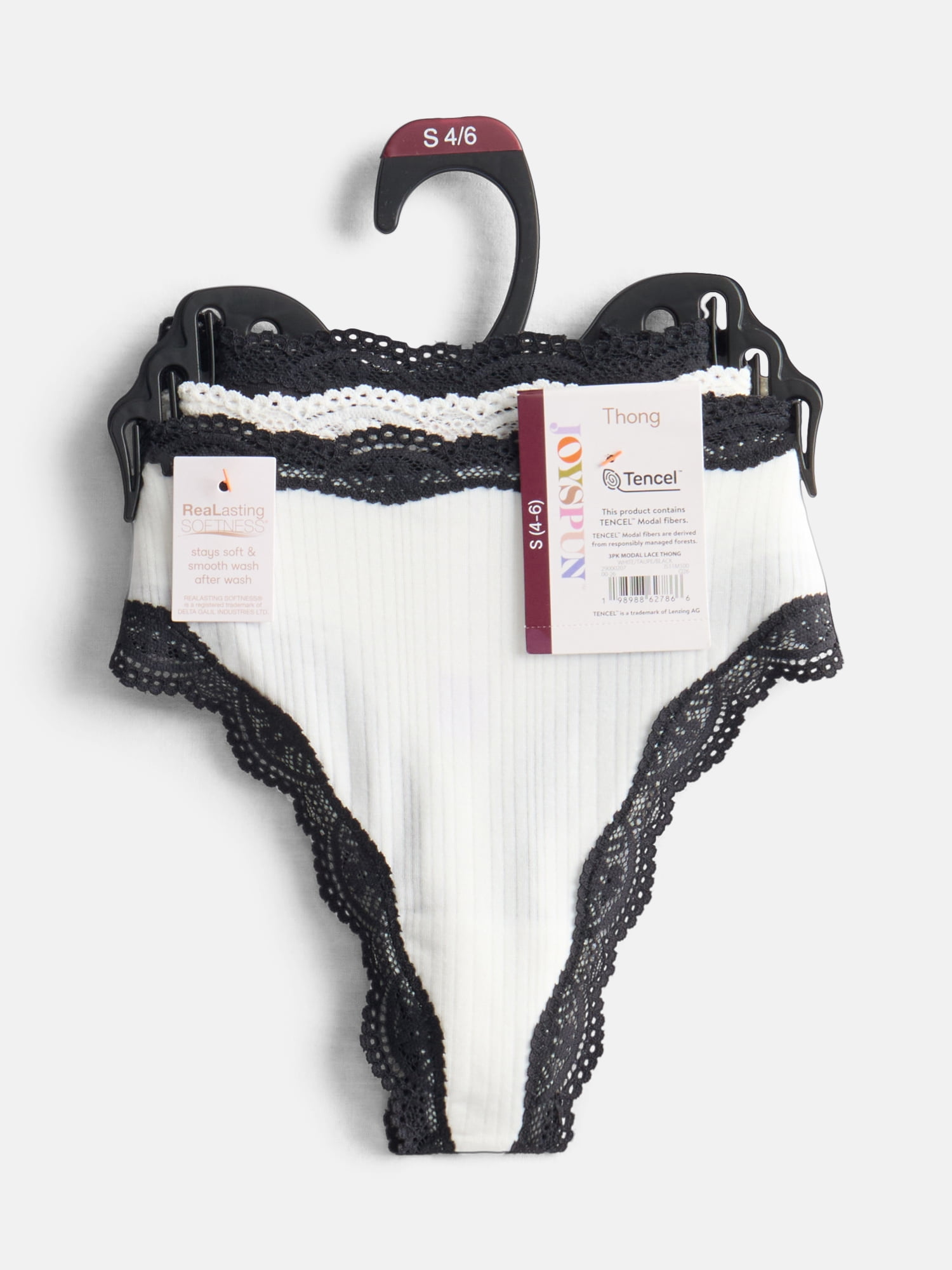 Joyspun Women's Modal Thong Panties with Lace, 3-Pack, Sizes XS-XXXL