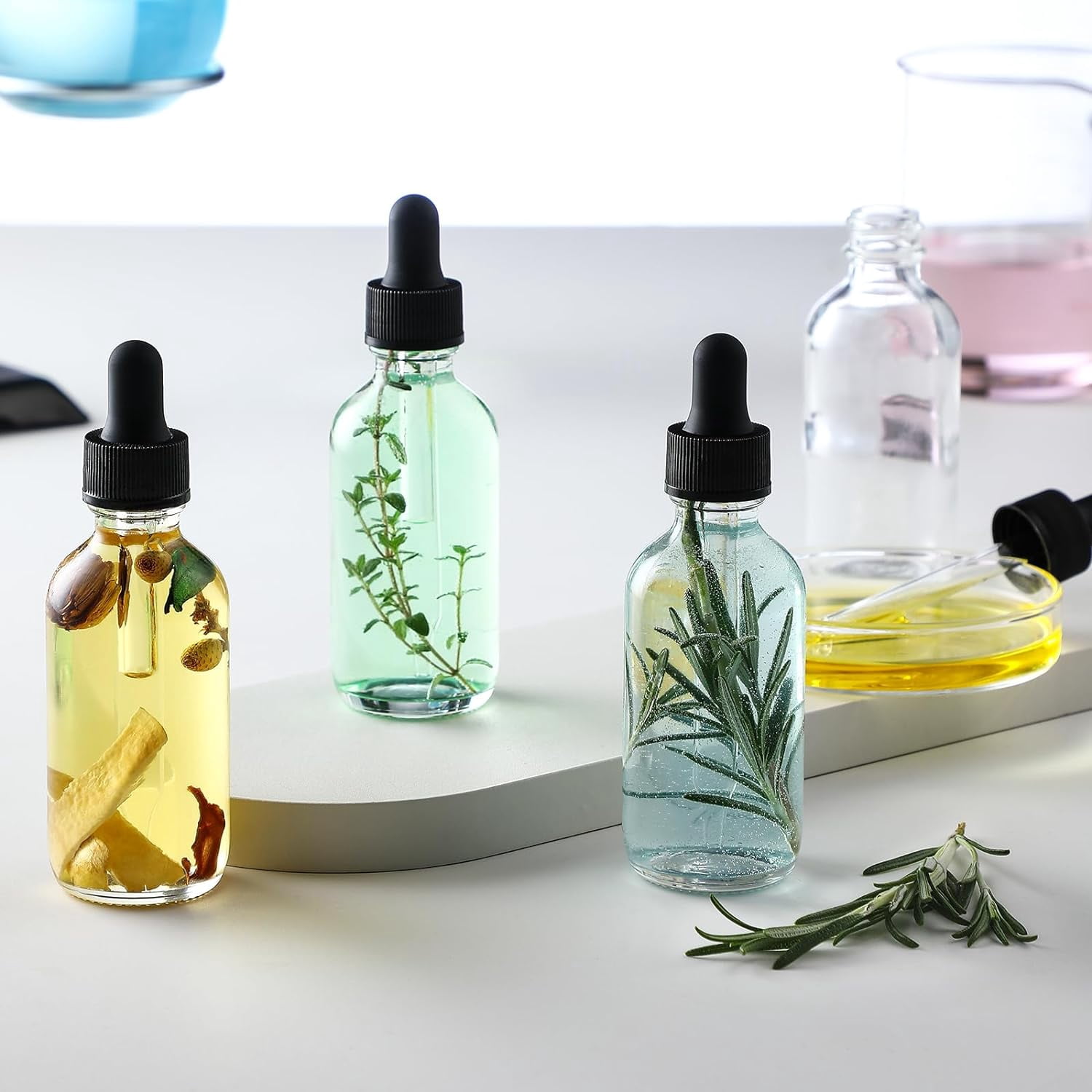 12 Pack, 2oz Glass Eye Dropper Bottles w/3 Stainless Steel Funnels&1 Long Pipette Dropper&24 Labels - 60ml Clear Tincture Bottles for Essential Oils, Liquids-Leakproof Travel Essential Bottles