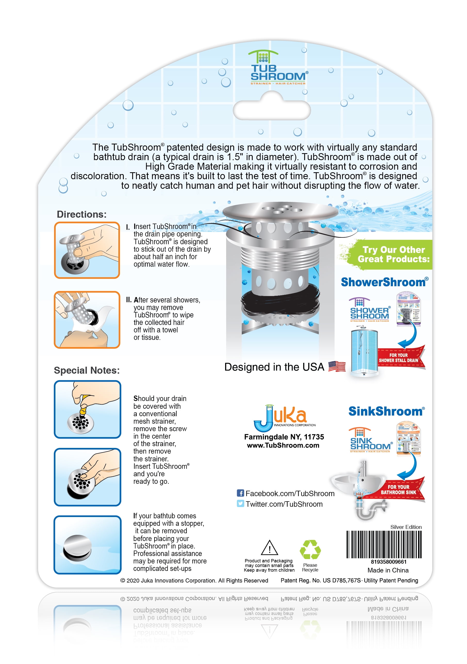 TubShroom Hair Drain Catcher for Bathtub - Silver Edition ASOTV