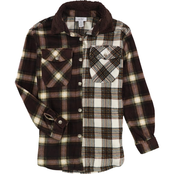 JUST POLLY Womens Plaid Polar Fleece Jacket, brown, Juniors, XS