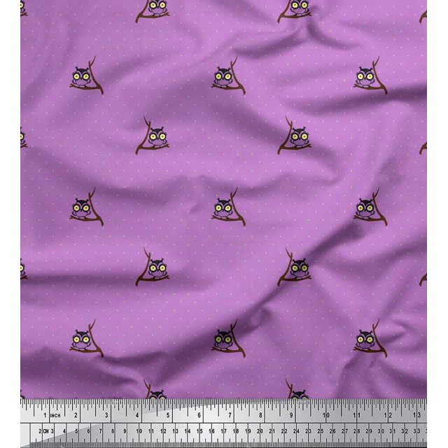 Soimoi Poly Georgette Fabric Dot & Owl Bird Printed Craft Fabric by The Yard 42 Inch Wide