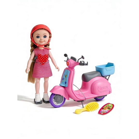 DEGIDEGI Doll & Pink Motor Scooter Playset, Cute Fashion Doll with Ride-On Toy, Hair Accessories & Pet Theme for Girls and Boys Ages 3 