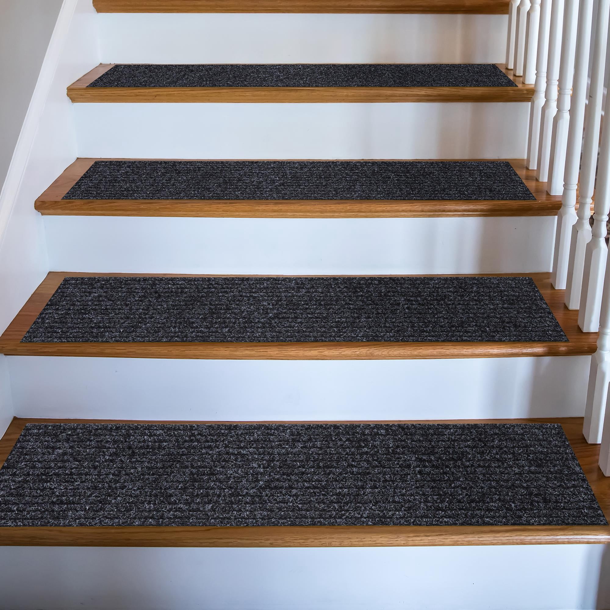 Ottomanson Indoor/Outdoor Non-Slip Stair Treads for Wooden Steps 8" x 30" Rubberback Step Mat, 7 Pack, Black