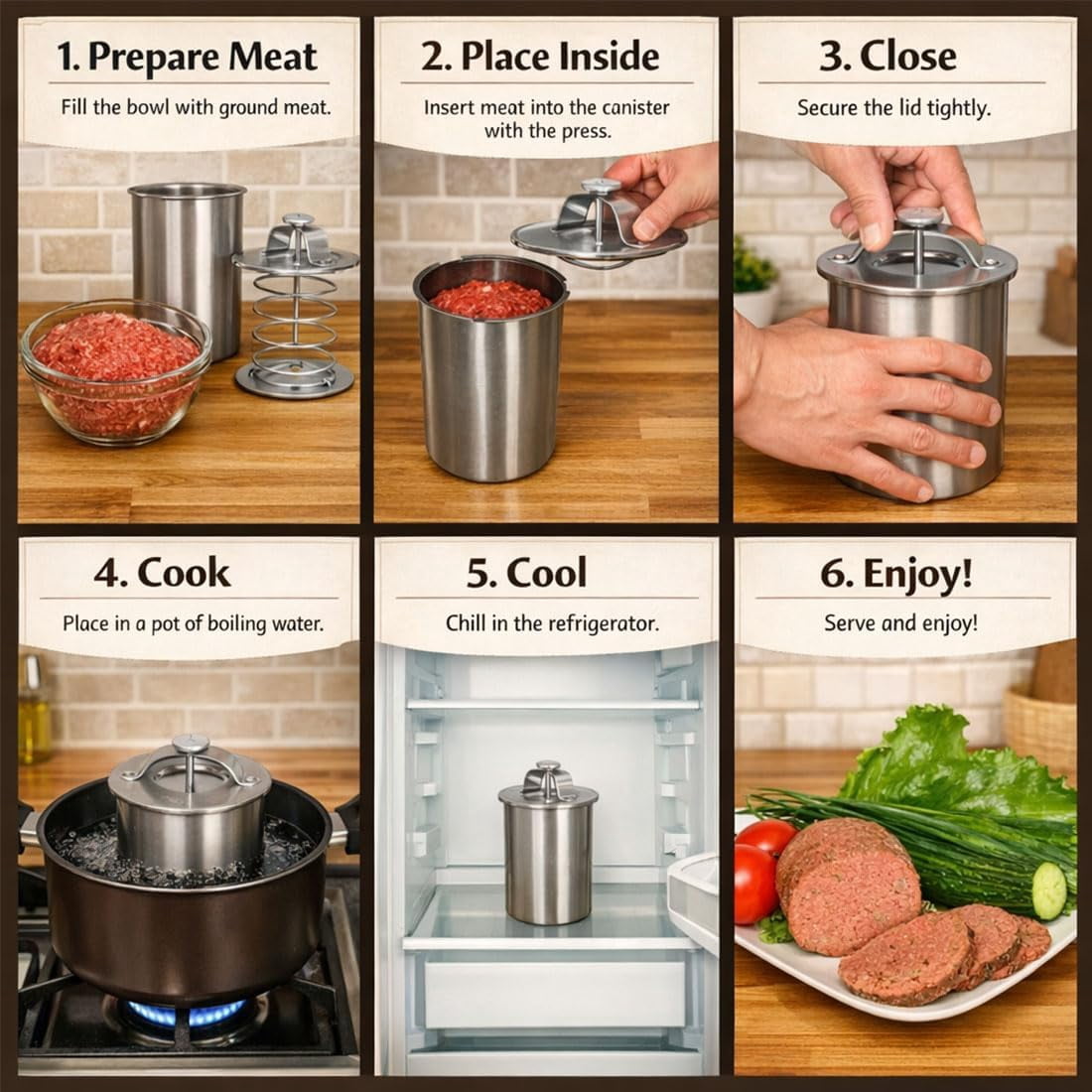 2026 Upgrade Stainless Steel Deli Meat Press with Thermometer, Spring Mechanism & Handle, Food-Grade Ham Press Mold for Deli Meats, Homemade Lunch Meat Maker Tool for Healthy Sandwiches (Ordinary)
